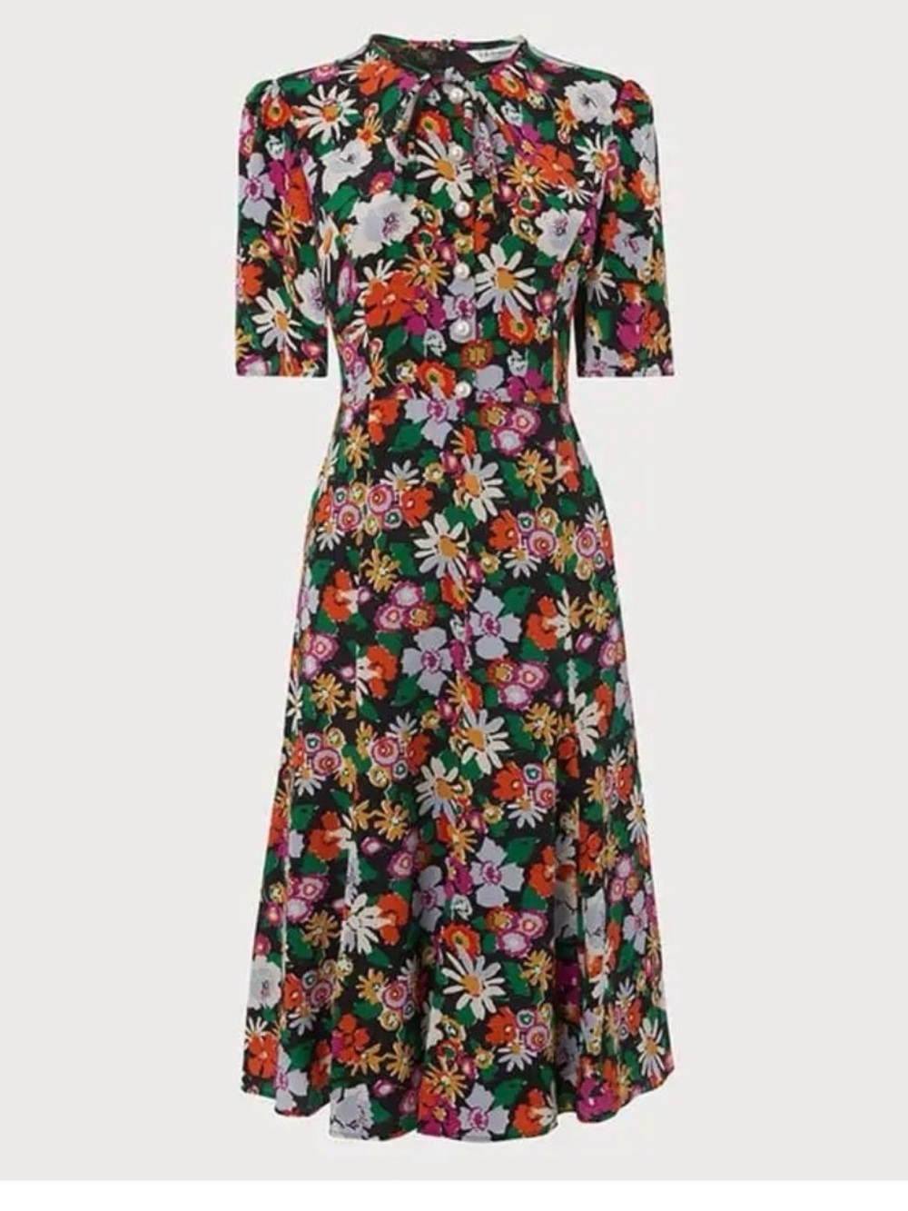 LK Bennett Silk Black Floral Midi Dress with Green, White, Orange, Pink Accents - Picture 4 of 4